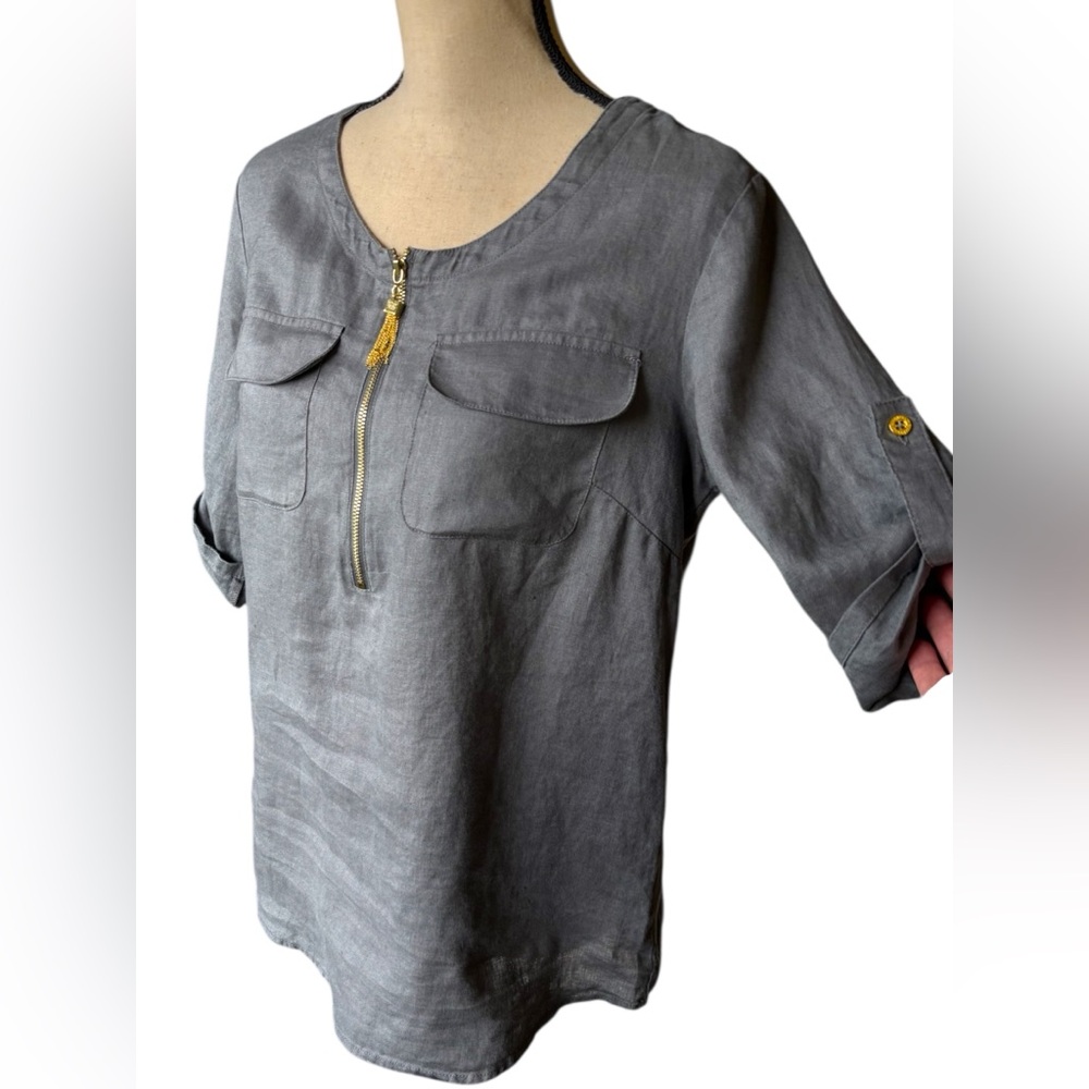 Ellen Tracy-Linen blouse. Size small. Gray with gold tassel/zipper. Gorgeous EUC - Picture 7 of 15